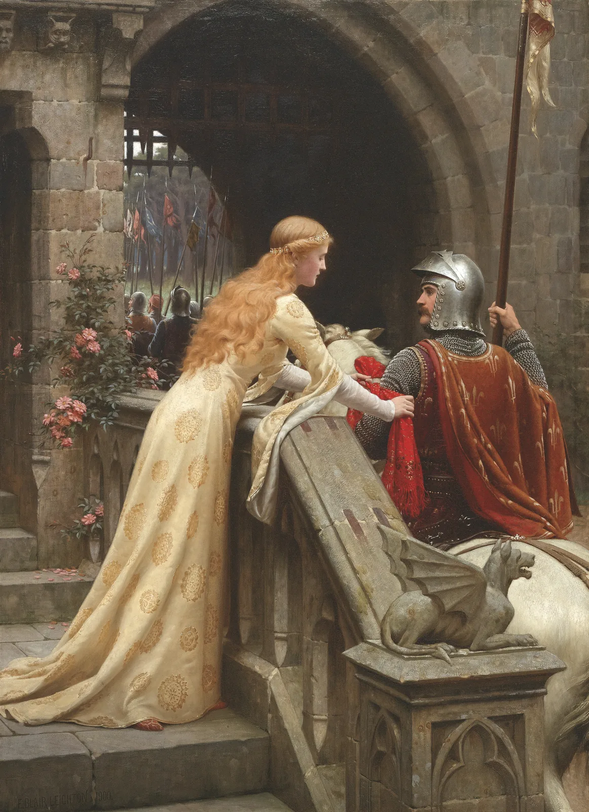 God Speed by Edmund Blair Leighton: a lady on a castle stair ties a red sash to the arm of a mounted knight as he leaves for battle.